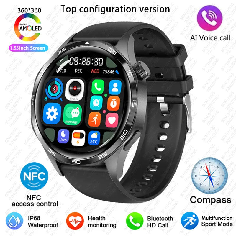 BOXUXING 2026 New GPS NFC Smart Watch 5 Pro Men 360*360 AMOLED Screen Heart rate Bluetooth Call IP68 Waterproof Man Smartwatch