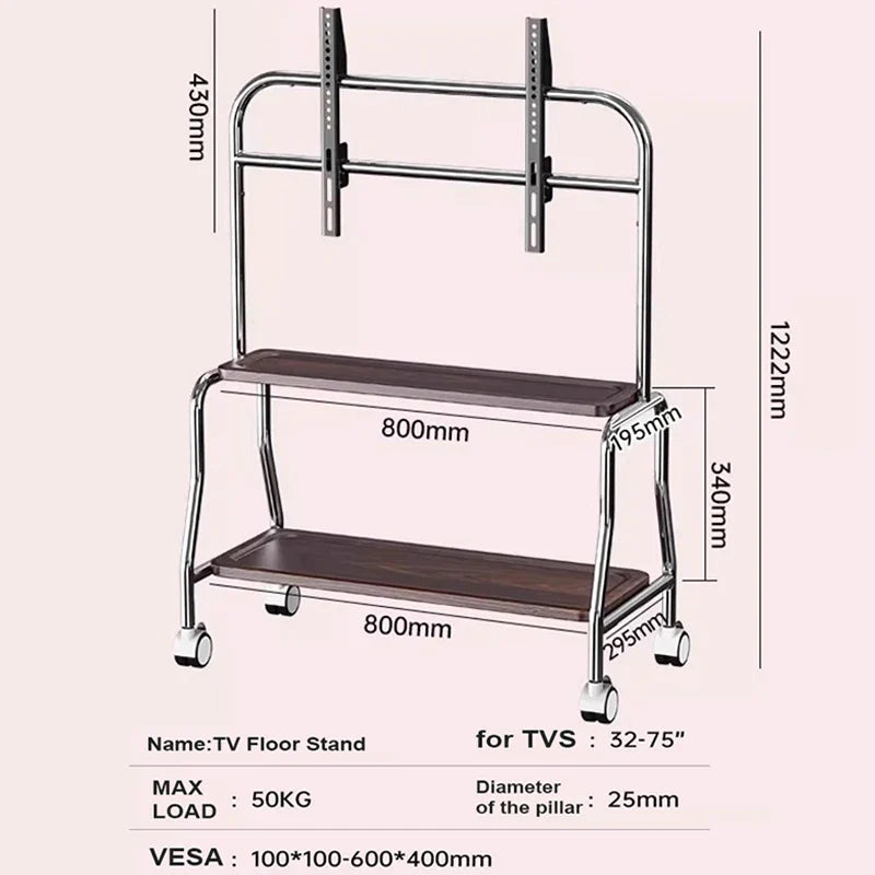 Stainless Steel Rolling Floor Mobile TV Stand for 32-75 Inch LCD LED Screen TVs TV Cart Holds up to 110Lbs Max VESA 600x400mm