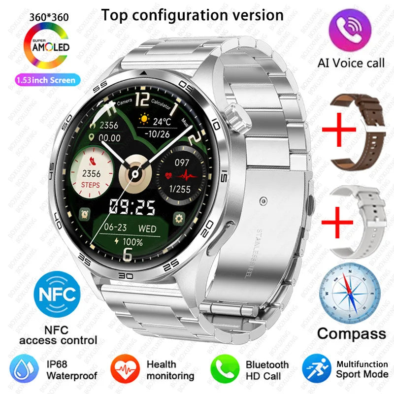 BOXUXING 2026 New GPS NFC Smart Watch 5 Pro Men 360*360 AMOLED Screen Heart rate Bluetooth Call IP68 Waterproof Man Smartwatch
