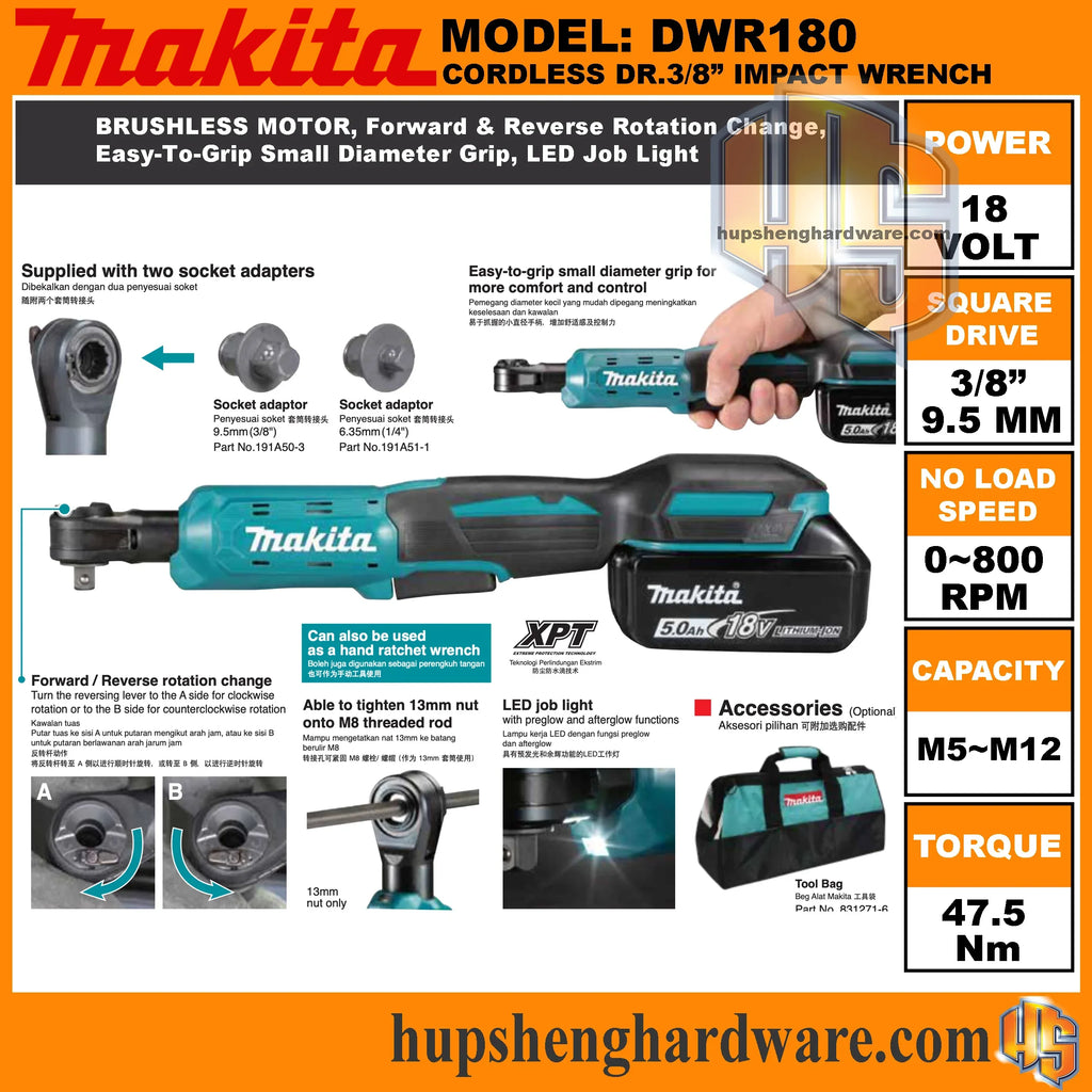 MAKITA DWR180Z Cordless 18V LXT Ratchet Wrench 1/4-Inch Drive 47.5 N·m Torque Angle Socket Wrench for Automotive & DIY