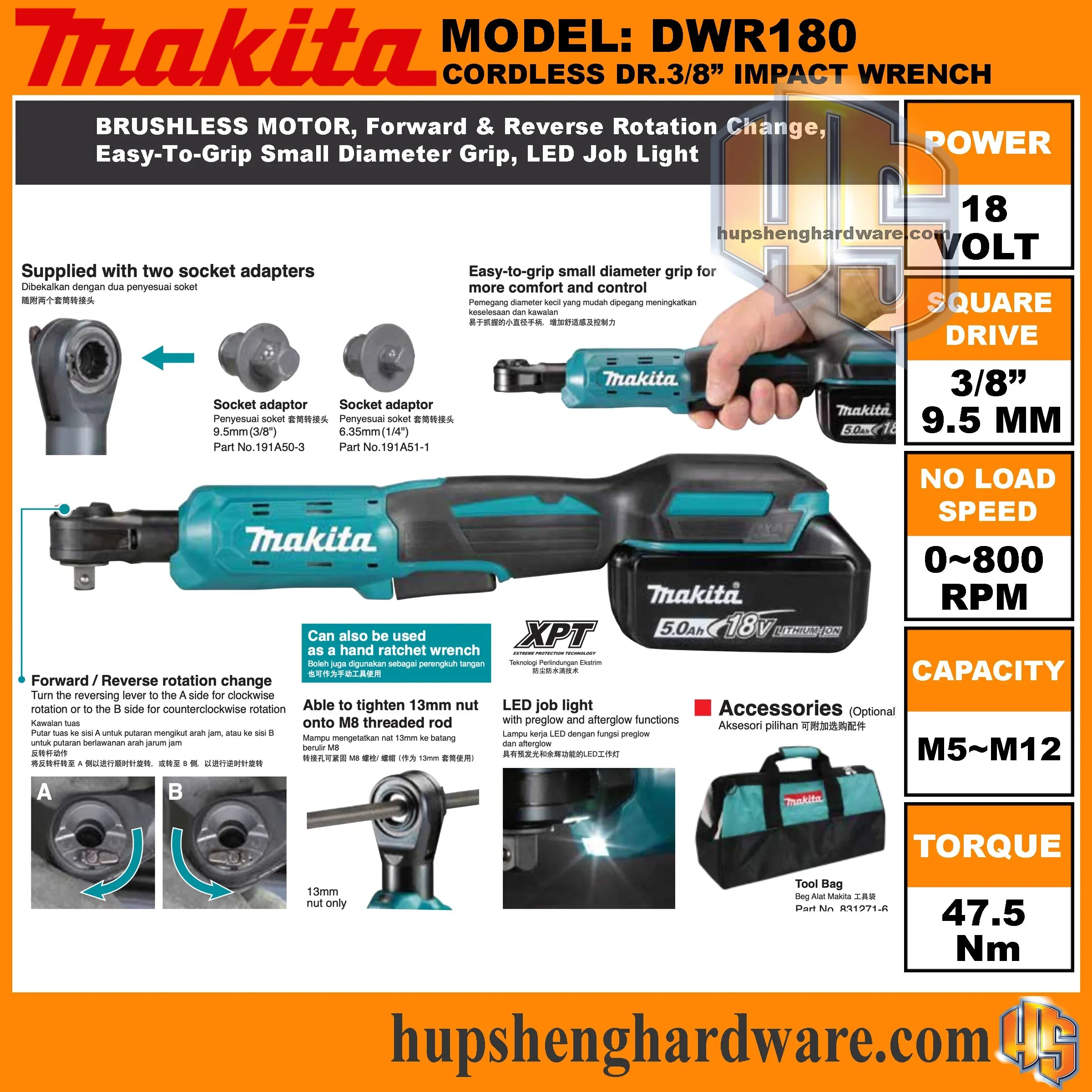 MAKITA DWR180Z Cordless 18V LXT Ratchet Wrench 1/4-Inch Drive 47.5 N·m Torque Angle Socket Wrench for Automotive & DIY