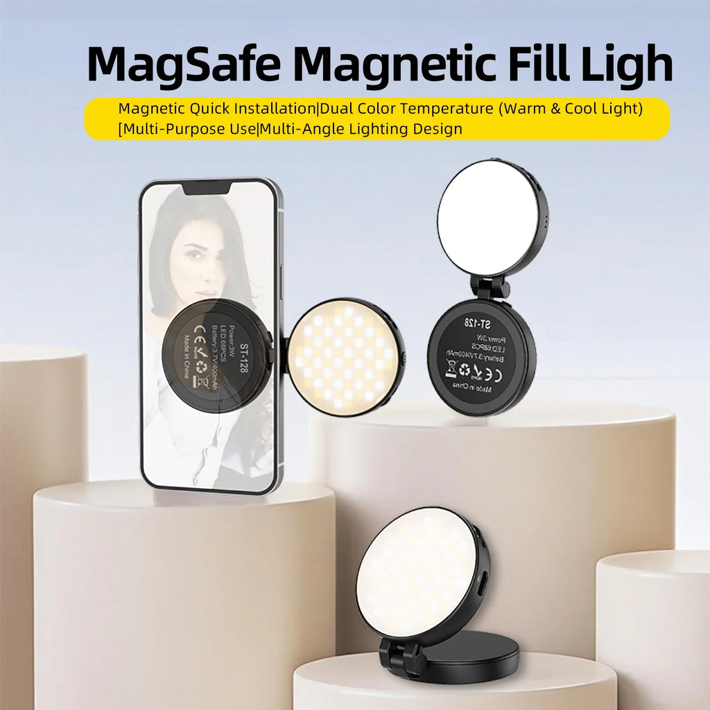 2 in 1 Folding Magnetic Phone Selfie Light with Mirror for Magsafe IPhone Fill Light Led Ring Flash Video Photography Accesorios