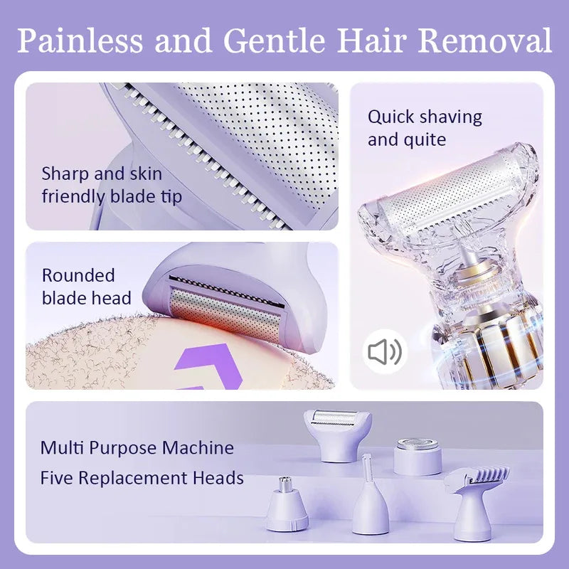5 in 1 Electric Razor for Women Shaver Lady Shaver Body Hair Trimmer for Armpit Bikini Arm Leg Face Mustache Portable Painless
