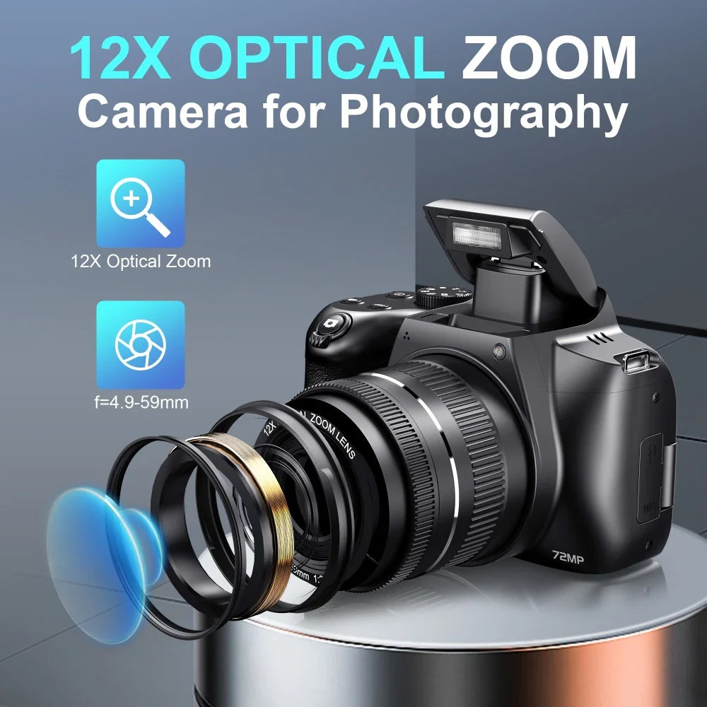 12X Optical Zoom 72MP DSLR Camera 270° Rotative Flip Screen Digital Photographic Camera Xenon Light Macro Lens 4K Wifi Camcorder