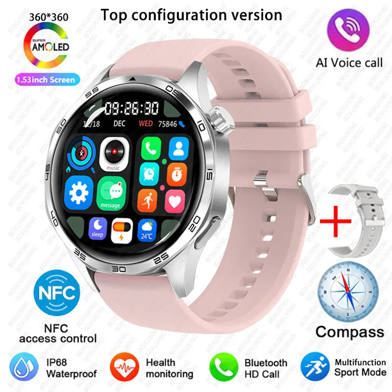 BOXUXING 2026 New Smart Watch Men Watch 5 Pro AMOLED HD Screen Bluetooth Call GPS Trajectory NFC Heart Rate Compass SmartWatches