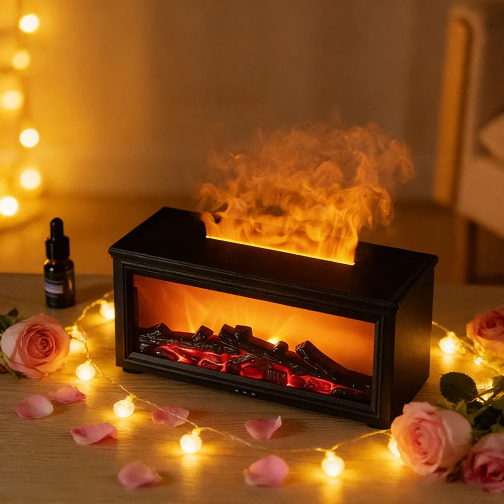 1PC Simulated Flame Fireplace Aroma Diffuser with Colorful Night Lights, 3-level Timer, USB Powered Air Humidifier
