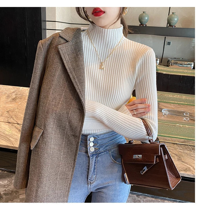 Pullover Long Sleeve Mock Neck Knitted Women Sweater