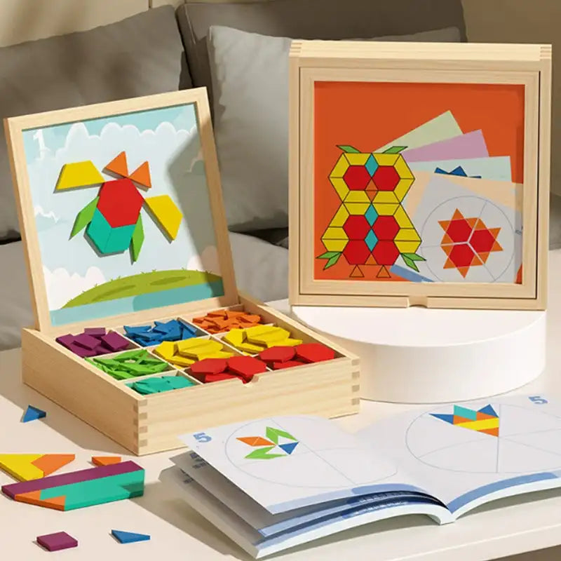 Creative Magnetic Geometric Puzzle Blocks Set Wooden Puzzles Kindergarten Classic Educational Montessori Tangram Toys for Kids