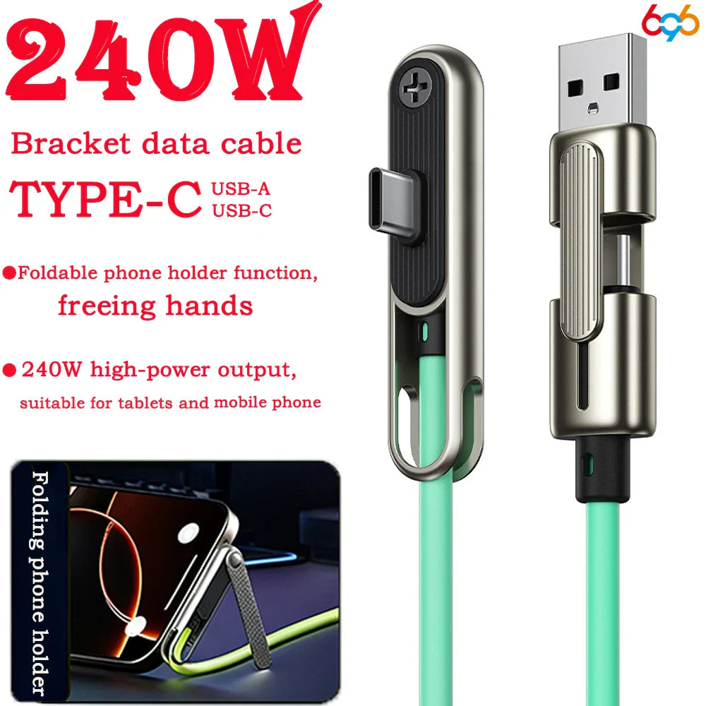 Portable Type C 240W Fast Charging Cable Phone Tablet Foldable Holder 2 In 1 Charging Cable Folding Bracket Earphone Data Wire