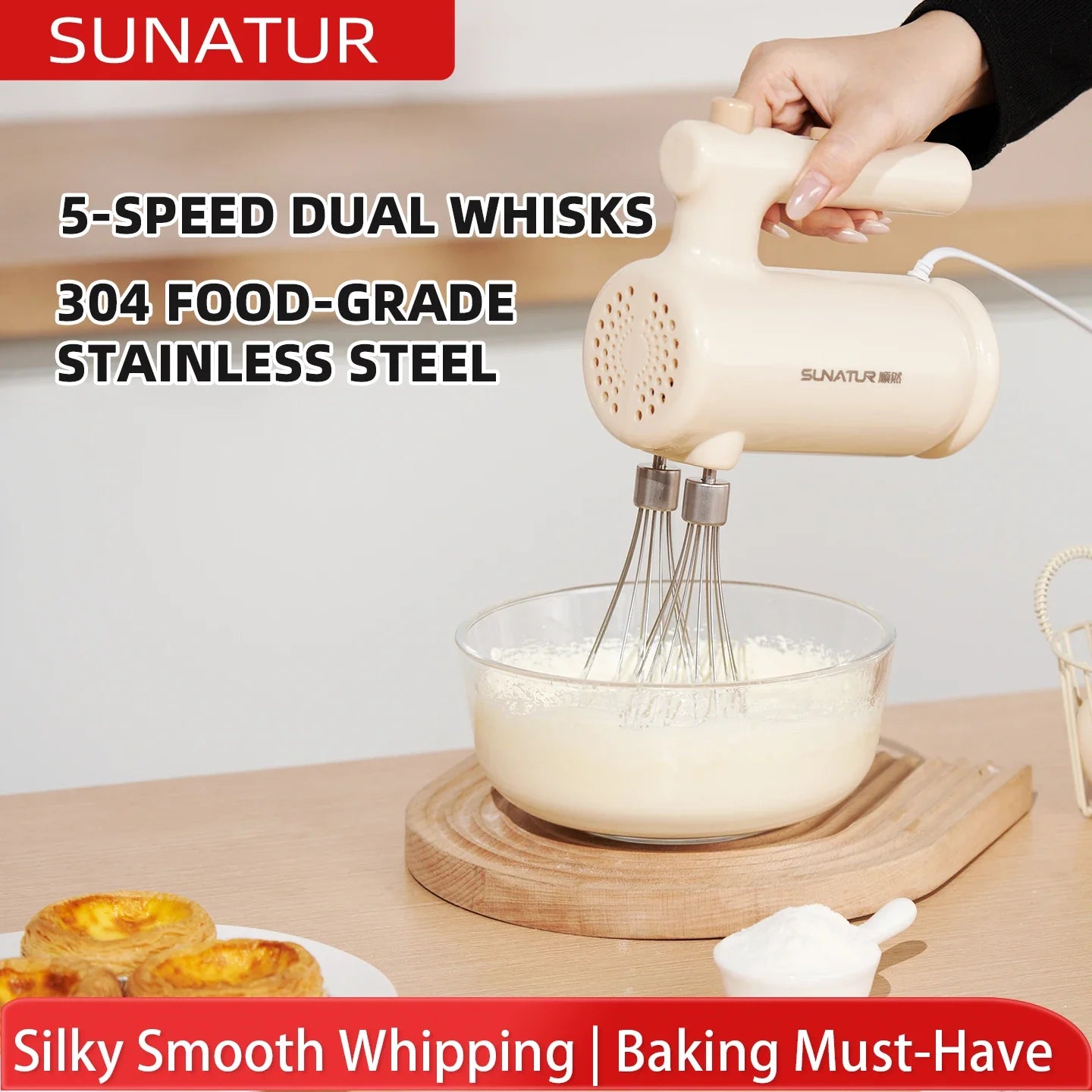 SUNATUR 200W 5-Speed Electric Hand Mixer, Handheld Egg Beater Whisk for Home Baking, Food-Grade Stainless Steel Attachments, Eas