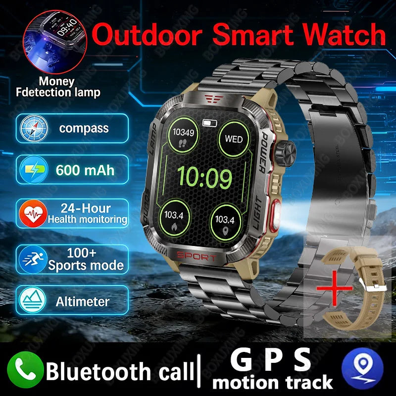 2026 New LED flashlight Military Smart Watch Men IP68 GPS Outdoor Sports Fitness Tracker Health Monitor 2.01" BT Call Smartwatch