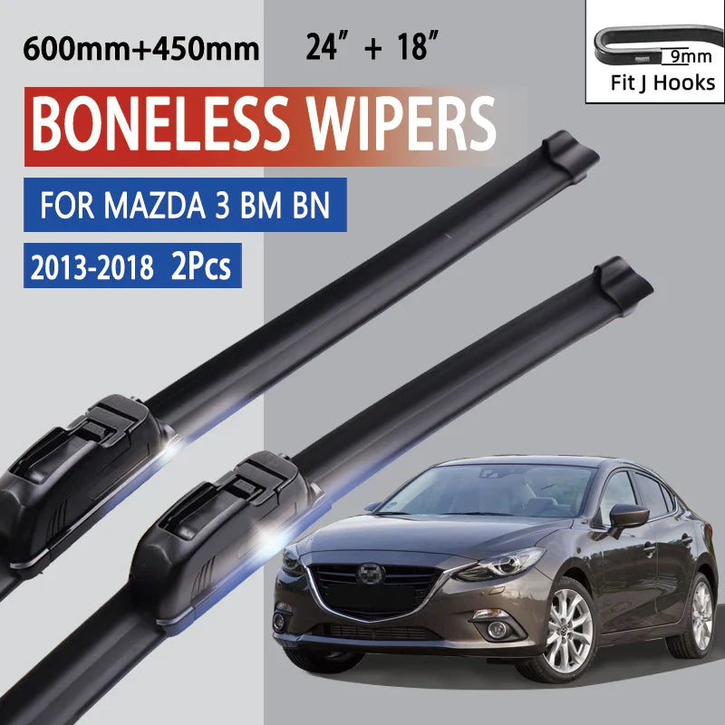For Mazda 3 BM BN 2013-2018 Car Wiper U-type Soft Rubber Boneless Wiper HD Quiet Durable Automotive Wiper 24"+18"