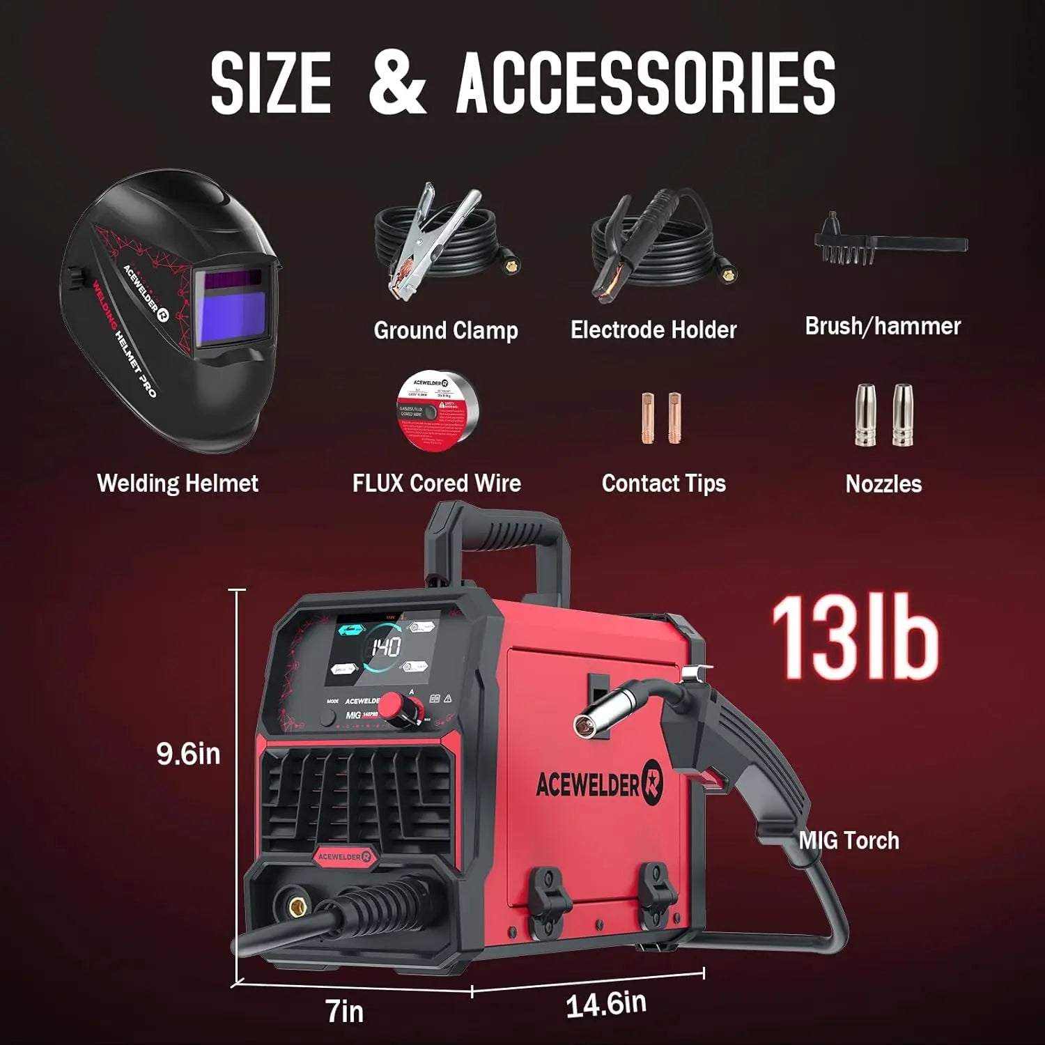 140A Portable Welder, 3-in-1 MIG/LIFT TIG/Stick Machine with Synergic Control and LED Display