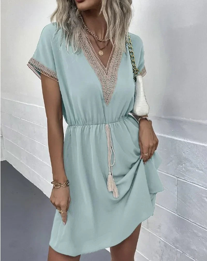 Short Sleeve V-neck Ruffle Waist Cross-border  Elastic Waist Dress