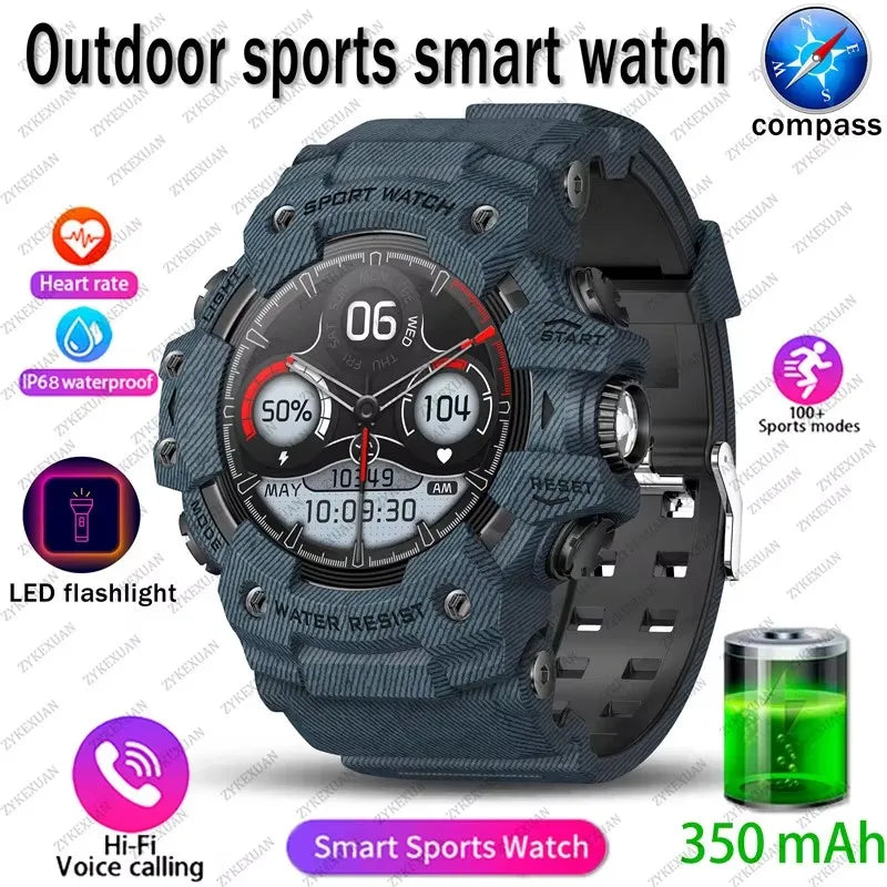 2026 Rugged Sports Smart Watch Bluetooth Calls Colorful Waterproof Military Smartwatches with Flashlight SOS COMPASS for Phone