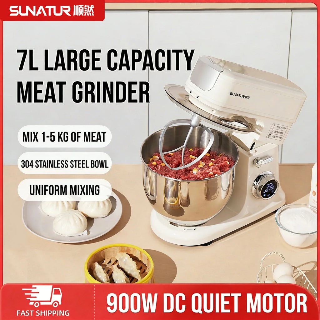 SUNATUR SM-606E Stand Mixer 900W 7L Electric Kitchen Mixer with 11 Speeds & Timer, Ultra-Quiet Dough Mixer for Home Baking