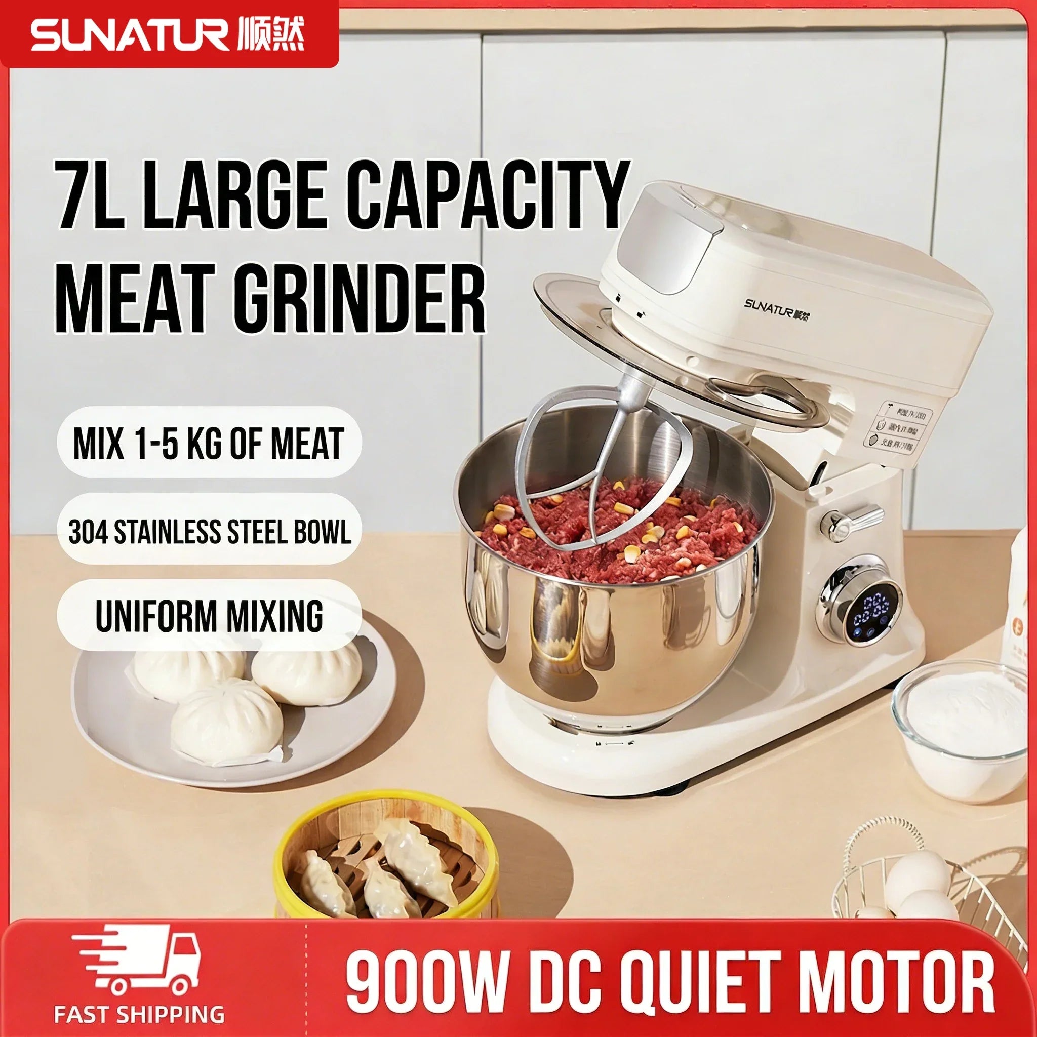 SUNATUR SM-606E Stand Mixer 900W 7L Electric Kitchen Mixer with 11 Speeds & Timer, Ultra-Quiet Dough Mixer for Home Baking
