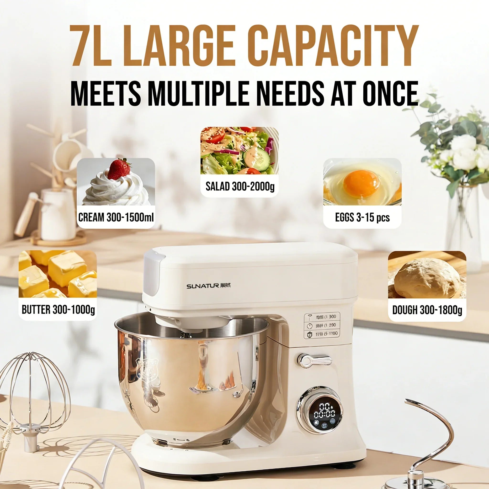 SUNATUR SM-606E 7L Stand Mixer 900W DC Quiet 11-Speed Timer, 304 Bowl Anti-Black Powder for Home & Commercial Baking