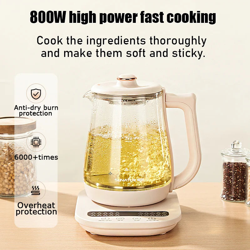 SUNATUR 1.8L Electric Glass Health Preserving Kettle,Stainless Steel,800W Fast Boil,24h Insulation
