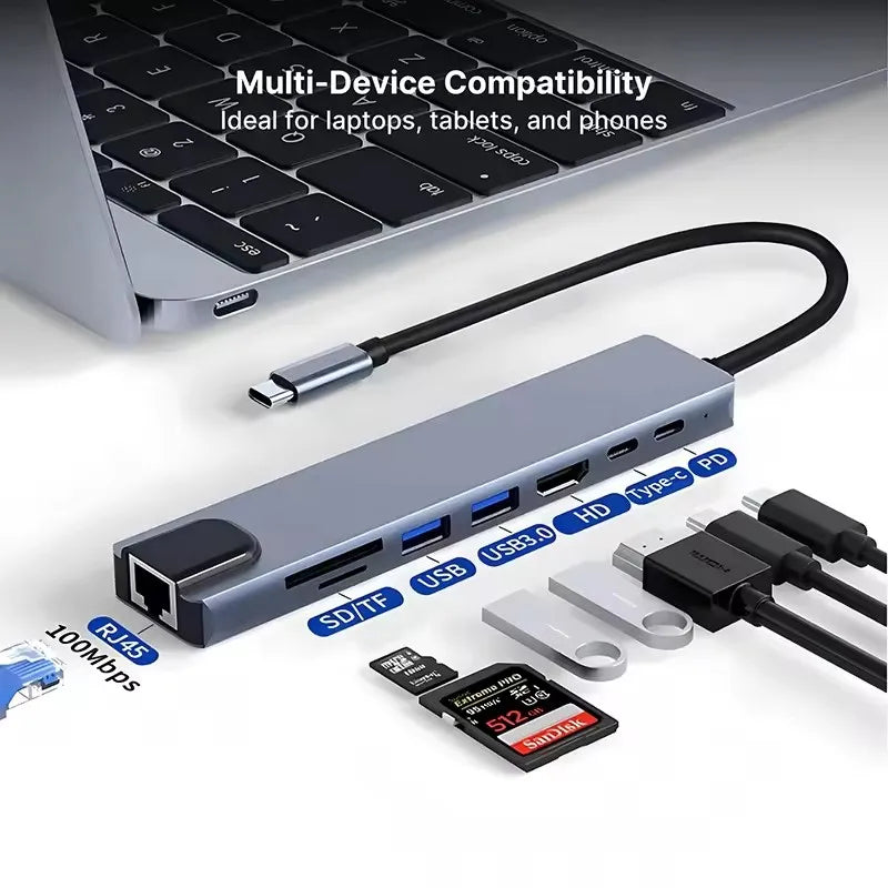 For Macbook Air M1 iPad Pro RJ45 HDMI-Compatible 8 in1 USB C HUB 3.0 Type C Splitter 4K Docking Station Laptop Adapter PD SD TF