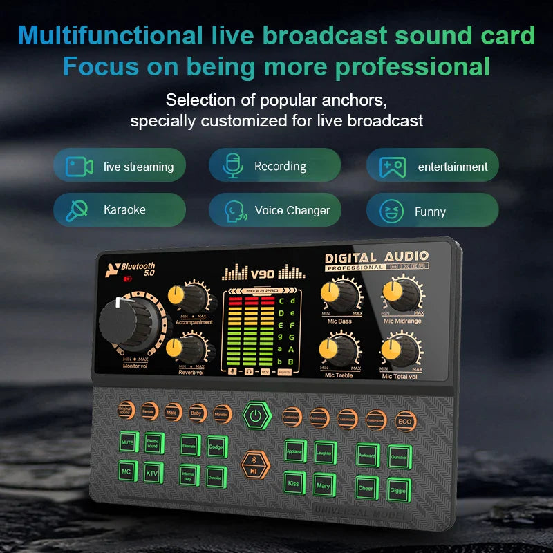 Gaming Audio Mixer,Streaming Mixer with Audio Interface BT Sound Board Voice Changer Sound Card,for PC Phone Live Streaming