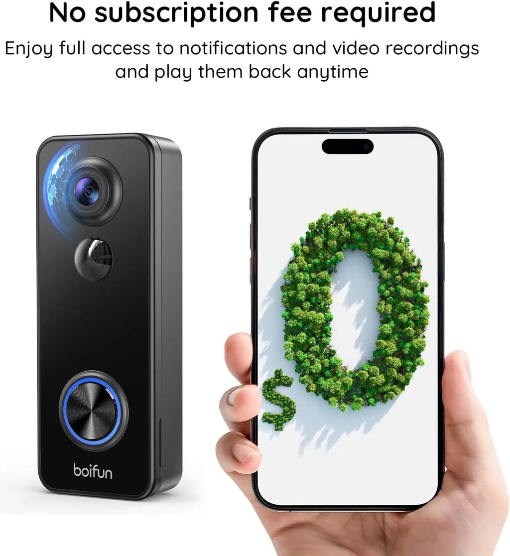 Wireless Video Doorbell Camera, No Subscription, 180° Wide-Angle, 2K Night Vision, AI Detection, Two-Way Audio