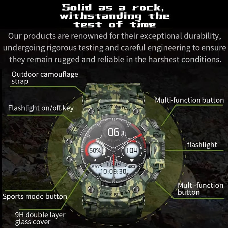 2026 Rugged Sports Smart Watch Bluetooth Calls Colorful Waterproof Military Smartwatches with Flashlight SOS COMPASS for Phone