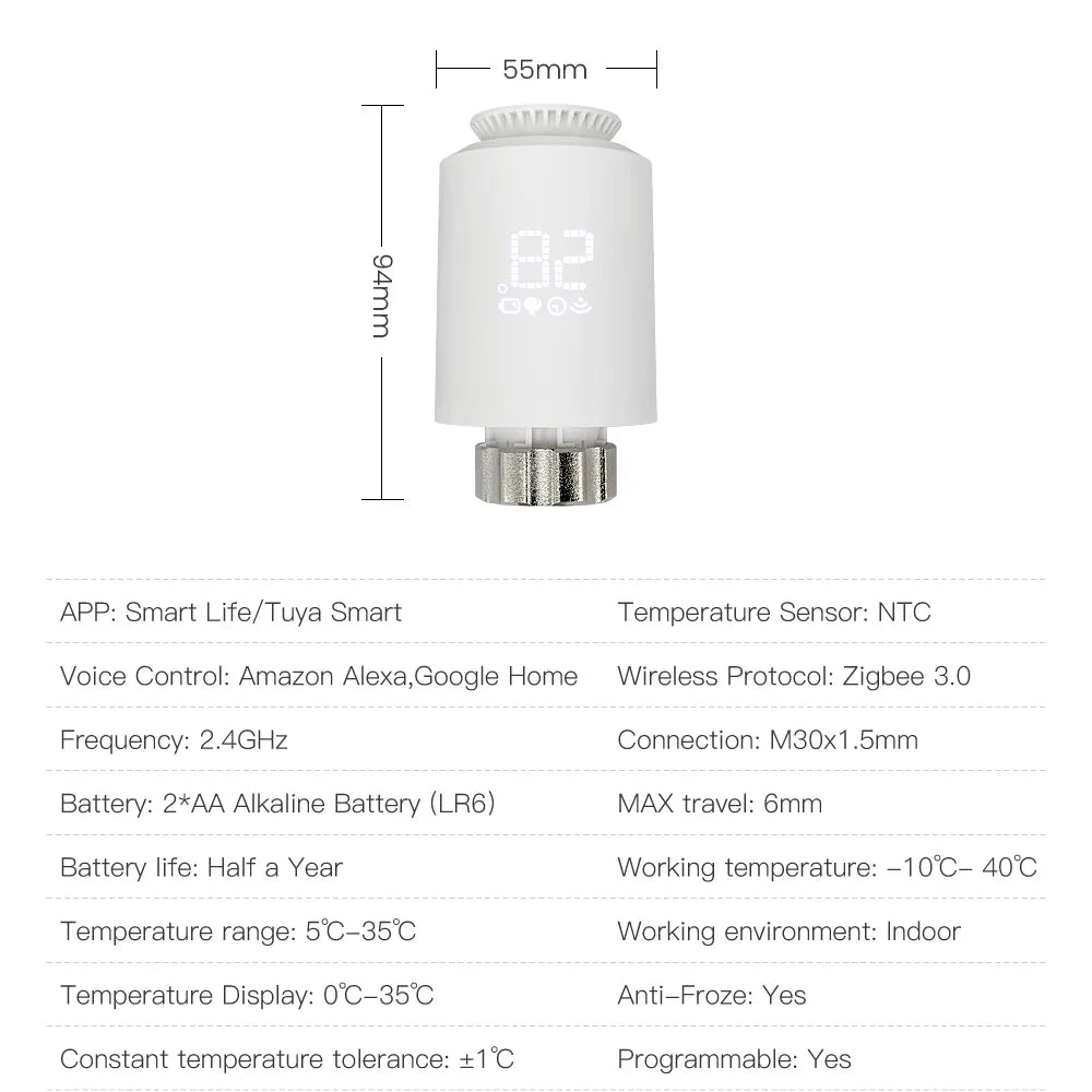 AVATTO ZigBee Thermostat Radiator Actuator Smart TRV Thermostatic Valve Temperature Controller Support Tuya Alexa Google Home