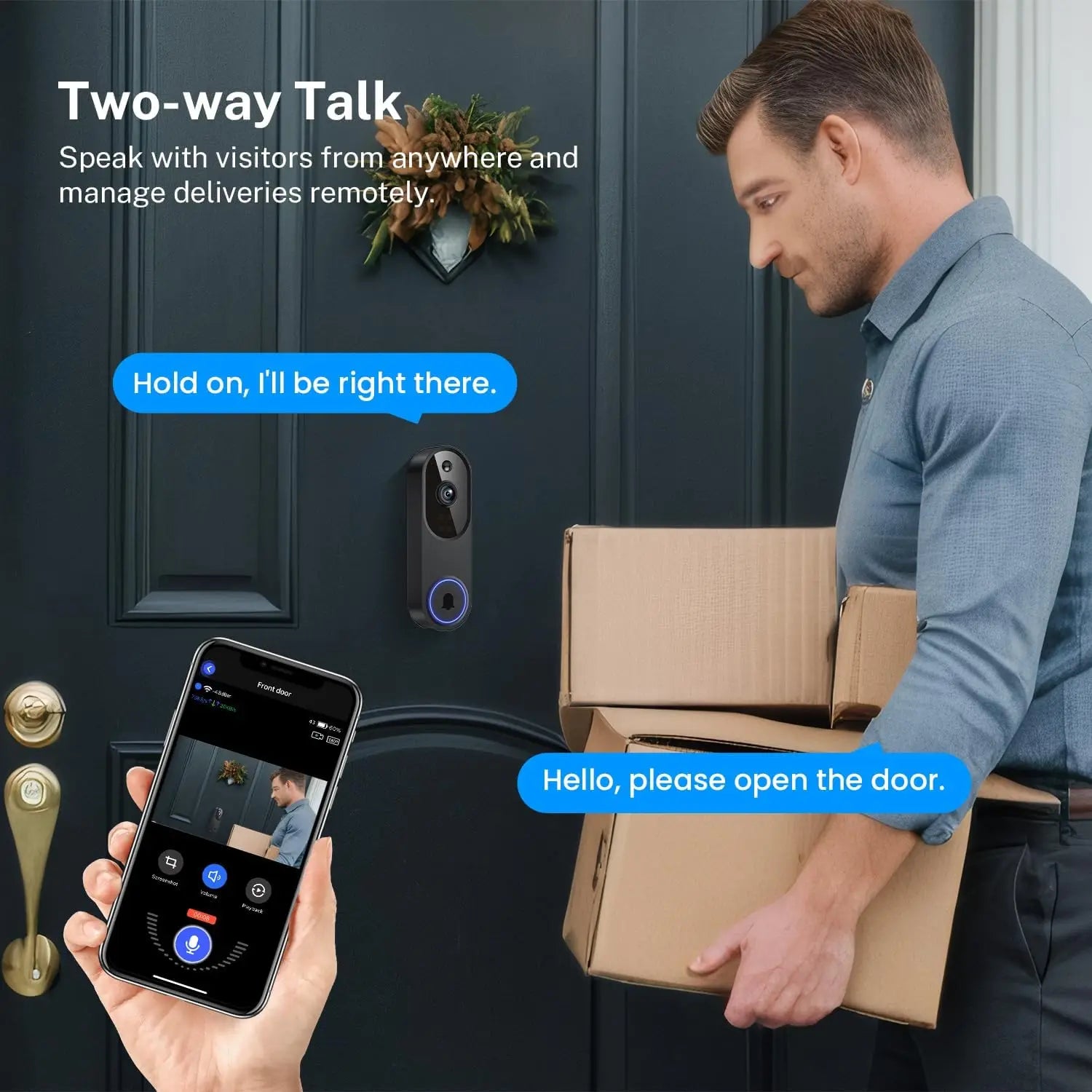 1080p Wireless Wi-Fi Video Doorbell Camera with Two-Way Audio, Night Vision, Cloud Storage, AI Motion Detection, 2.4GHz Wi-Fi