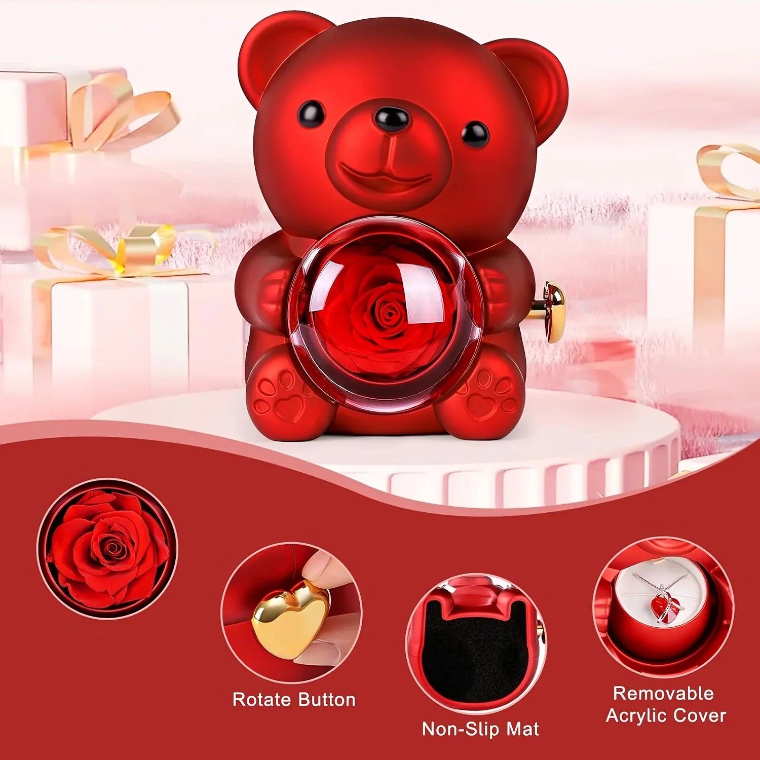 Teddy Bear Rose Gift Box | Jewelry Box,Includes Artificial Rose, Party Gift Box and Gift Bag,Ideal for Valentine'S Day, Mother'S