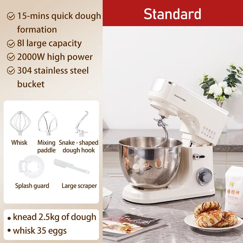 SUNATUR 8L Stand Mixer 2000W,Stainless Steel Bowl,6-Speed Dough Kneader&Egg Beater,Timed Fermentatio