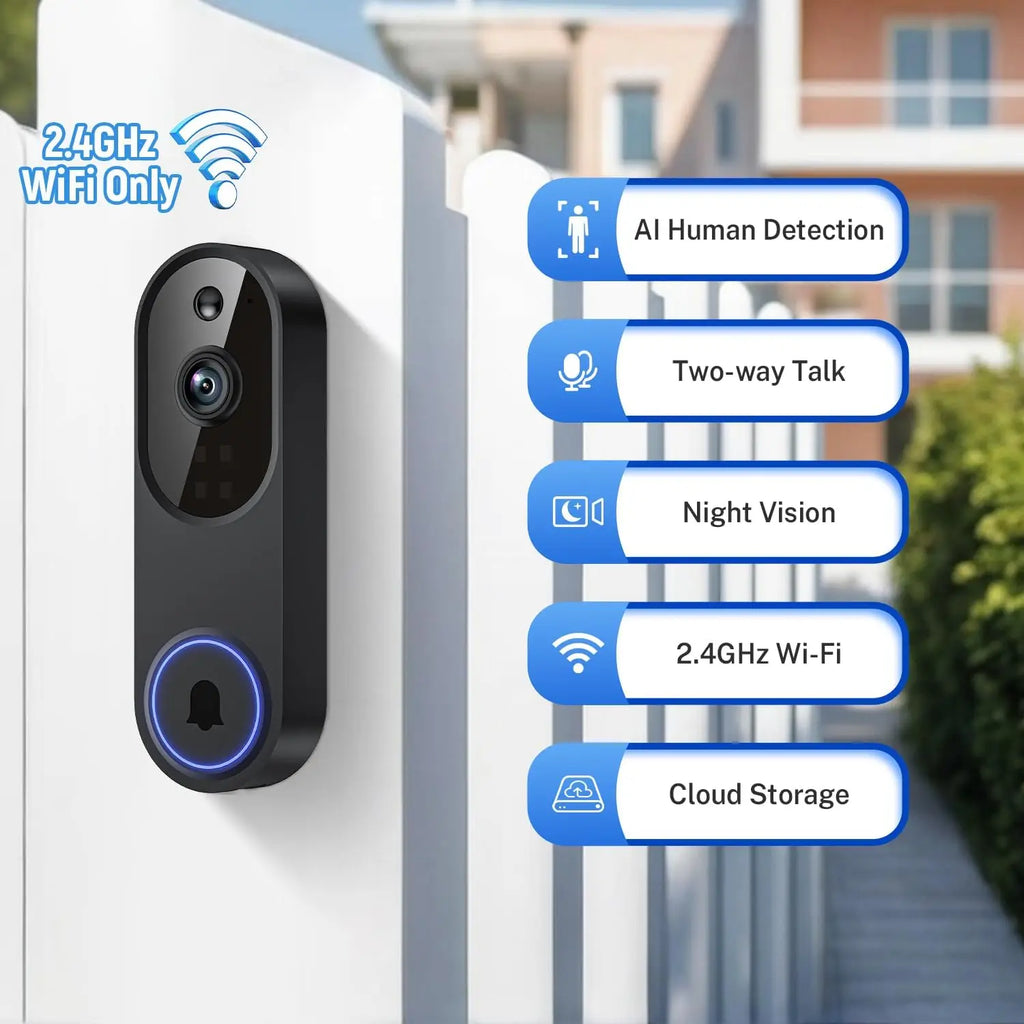1080p Wireless Video Doorbell Camera with Two-Way Audio, Night Vision, Cloud Storage, AI Motion Detection for Home Security
