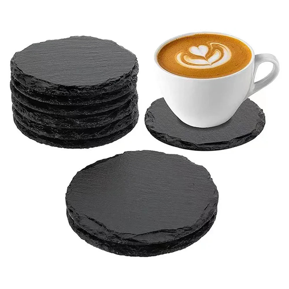 10Pcs Natural Slate Drink Coasters Round Black Stone Insulation Cup Coaster for Coffee Table, Home Kitchen, Bar
