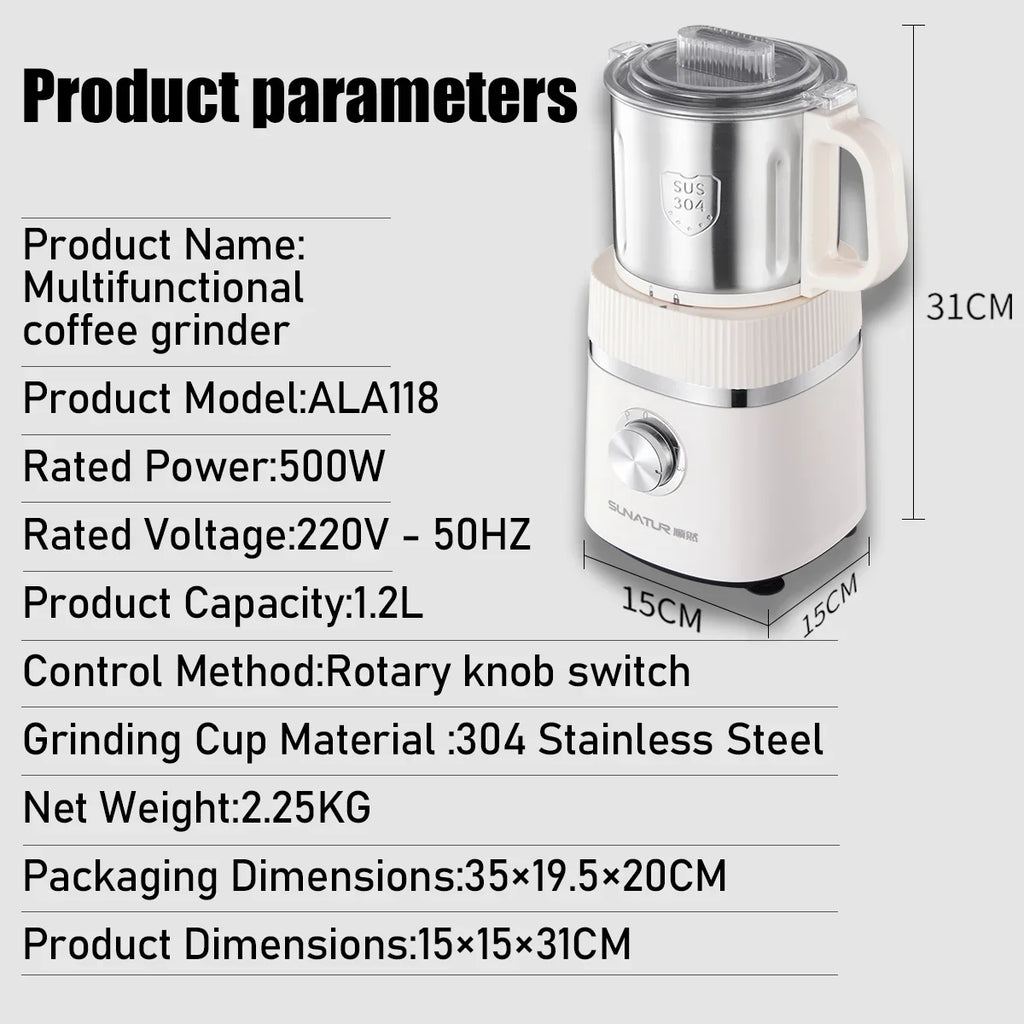 SUNATUR 1.2L Wet Dry Grinder electric coffee grinder Commercial Multifunctional Food processor coffee Bean Spice Milling Machine