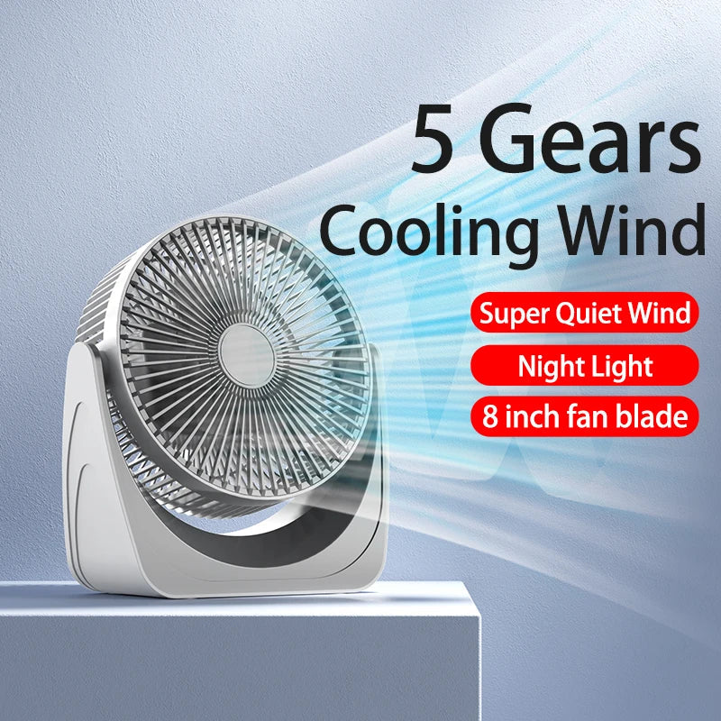 2024 New 360° Adjustable Desktop Fan Air Conditioner USB Portable Fan with 5 Wind Speeds 8 Inch Fan Blade Night Light for Home