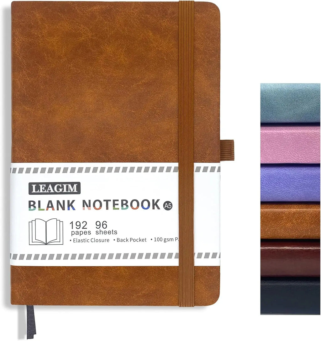 A5 Hardcover Leather Journal, 192 Pages Thick Paper, Unlined Sketchbook for Writing and Drawing