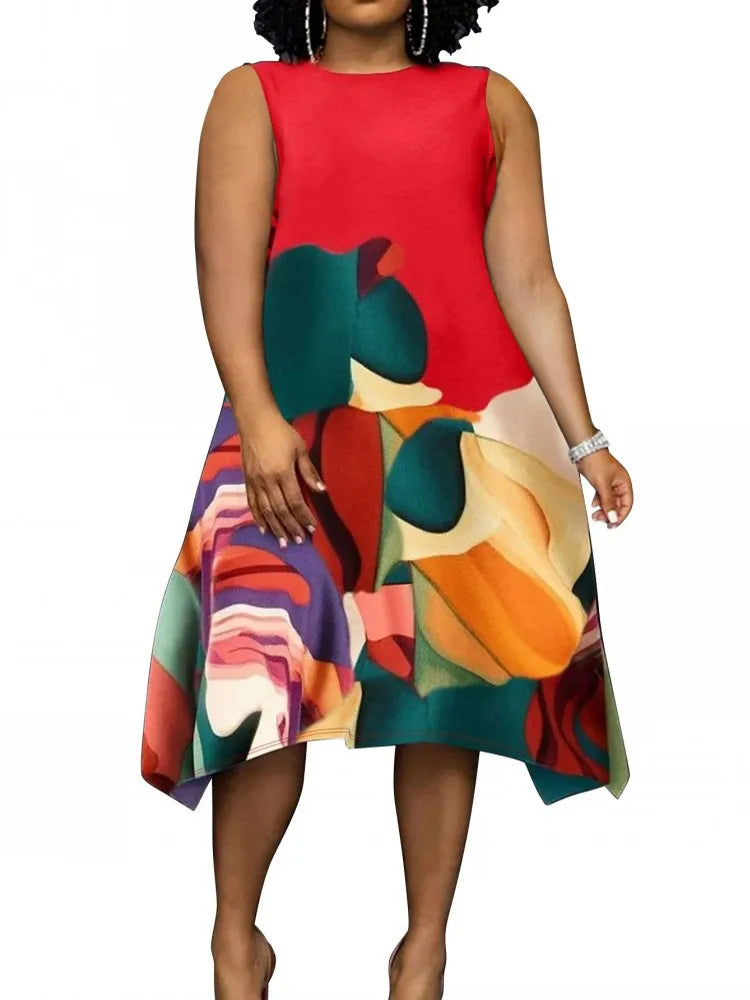 Summer Autumn Sleeveless Street Style Casual Plus Size Midi Dress