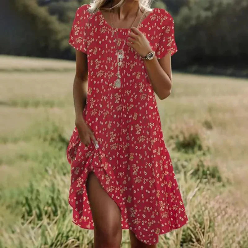 Artistic Ethnic Style Round Neck Medium-Length Dress Summer