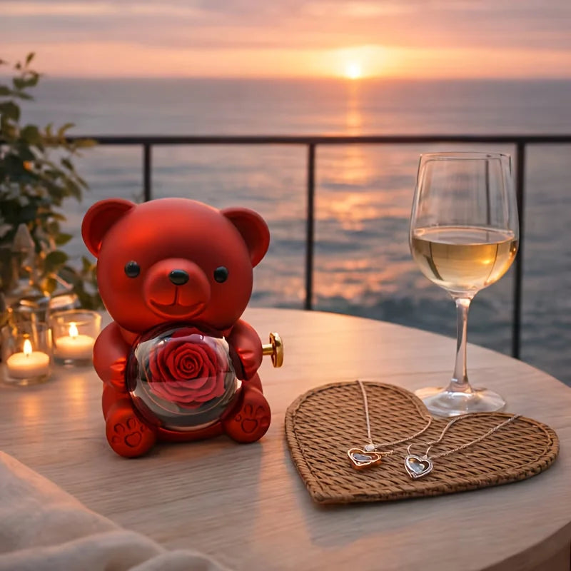 Teddy Bear Rose Gift Box, Jewelry Box with Hidden Space for Ring or Earrings,Jewellery Not Included,for Mother's Day,Anniversary
