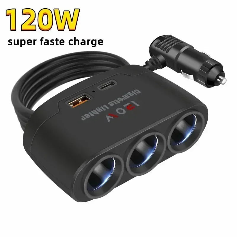 Car Cigarette Lighter Socket Splitter With Switch 128W Car Charger Splitter Multi Ports PD30W QC3.0 Fast Charger Power Adapter