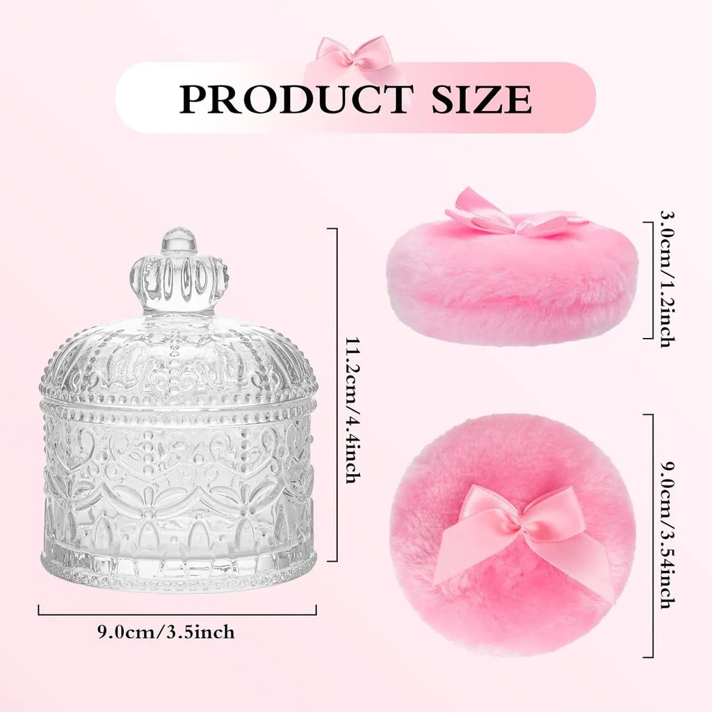 2-Piece Velour Powder Puff Set with Crystal Glass Container, Soft Washable for Face and Body Makeup