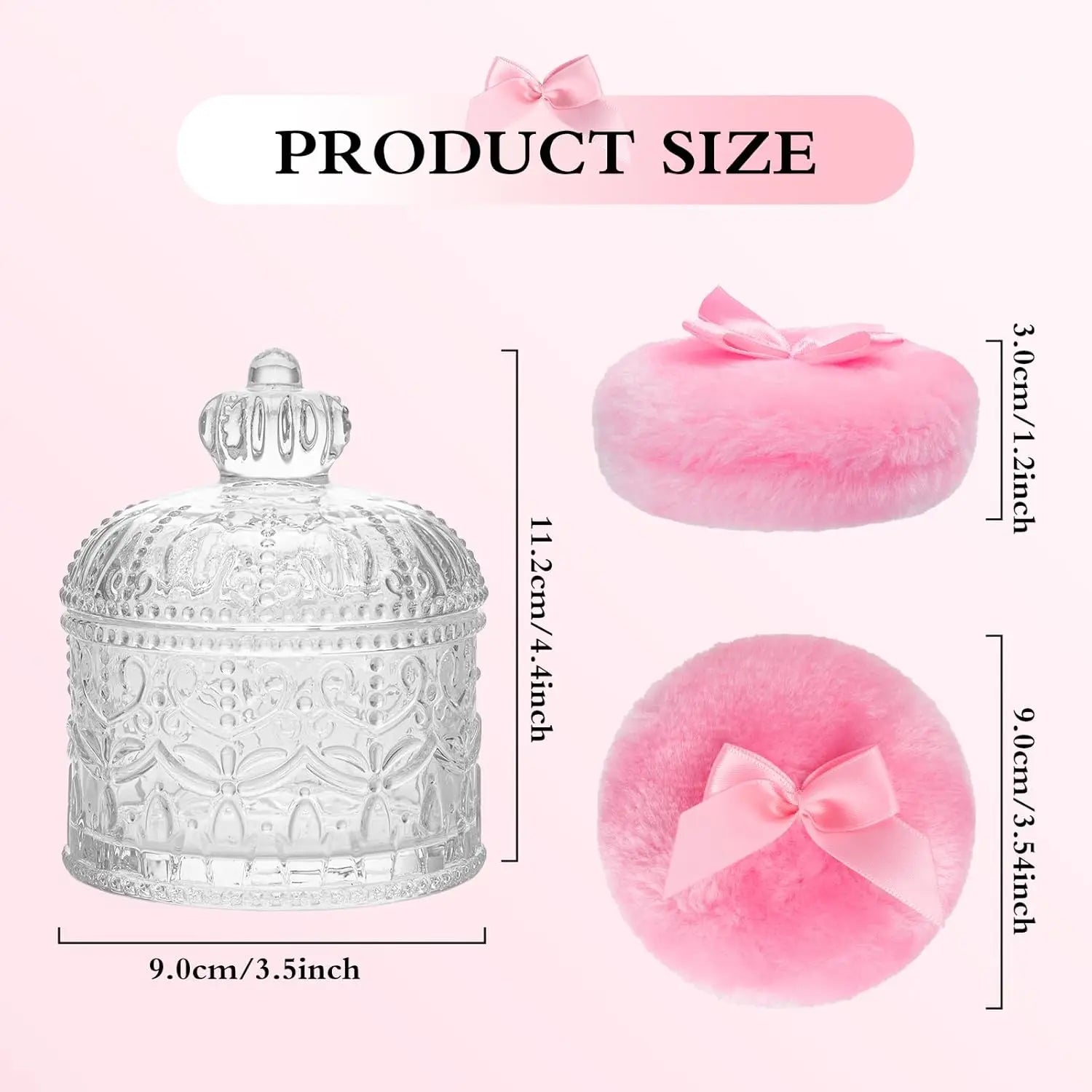 2-Piece Velour Powder Puff Set with Crystal Glass Container, Soft Washable for Face and Body Makeup