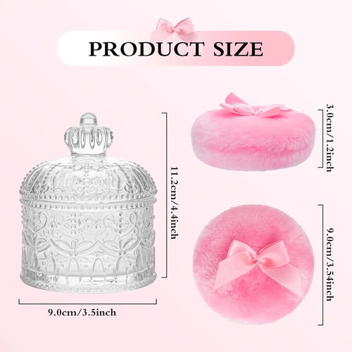 2-Piece Velour Powder Puff Set with Crystal Glass Container, Soft Washable for Face and Body Makeup