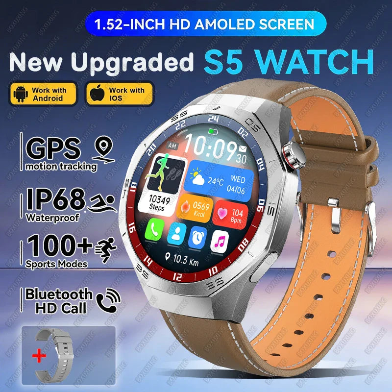 2026 New BOXUXING S5 Smart Watch Men HD AMOLED Screen GPS Motion trajectory HeartRate Bluetooth Call 1.52" SmartWatch IP68 Watch
