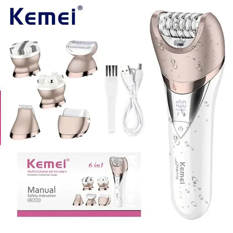 Kemei Bikini Armpit Hair Trimmer Pedicure Electric Razors Body Exfoliator 6 in 1 Epilator Pubic Hair Removal Shaver for Women