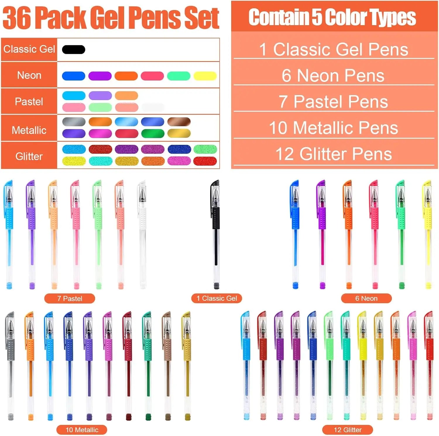 36 Vibrant Gel Pens Set for Adult Coloring, 40% More Ink, Fine Tip Markers for Drawing & Scrapbooking