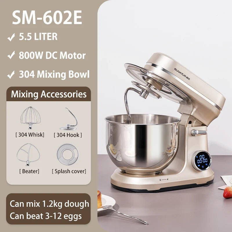 SUNATUR SM-602E DC Stand Mixer-5.5L Automatic Dough Mixer | 800W Quiet Motor | Home & Commercial Use