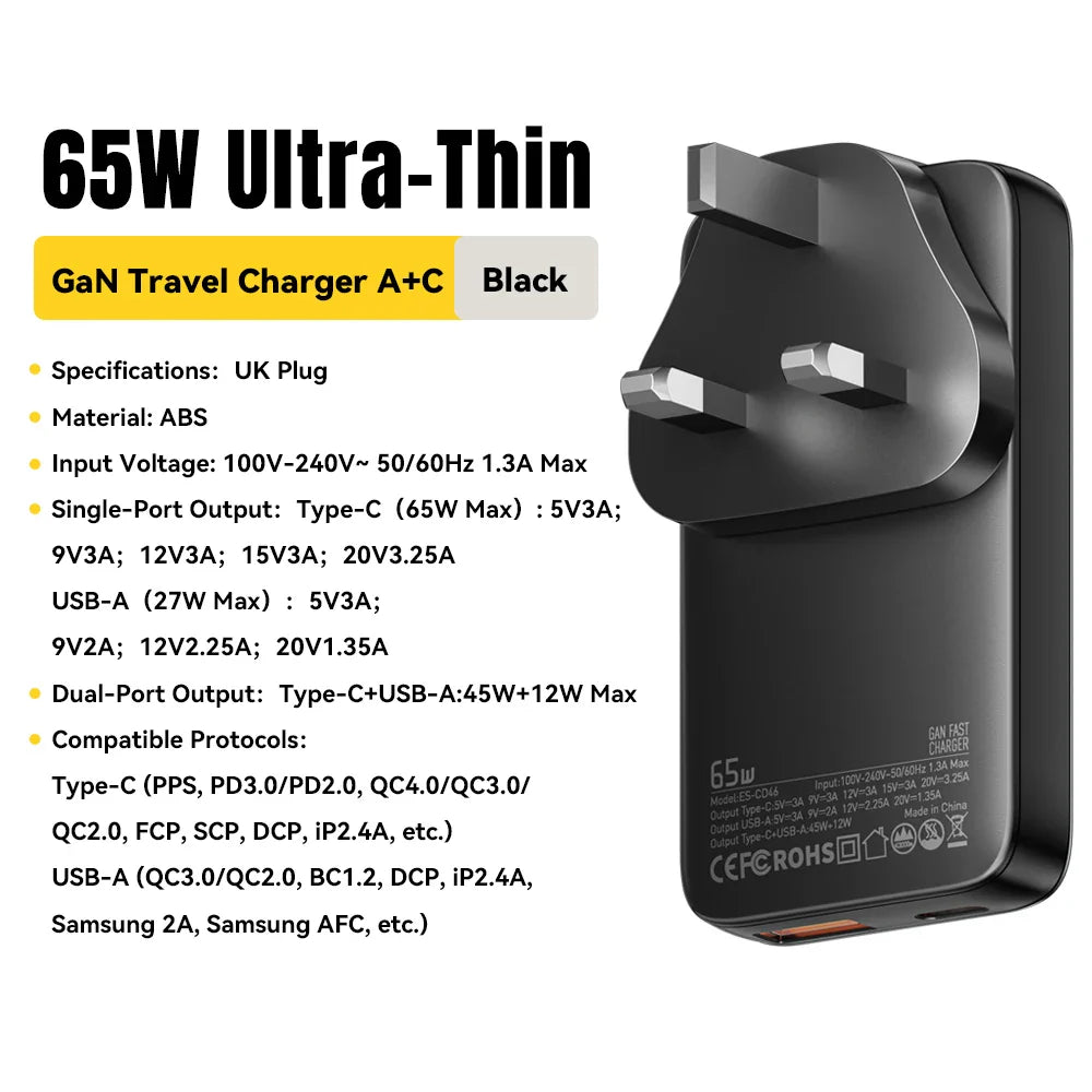 65W GaN Charger Ultra Thin Quick Charge 4.0 PD3.0 PPS Portable USB Type C Charger For Macbook Laptop For iPhone 16 15 14 13