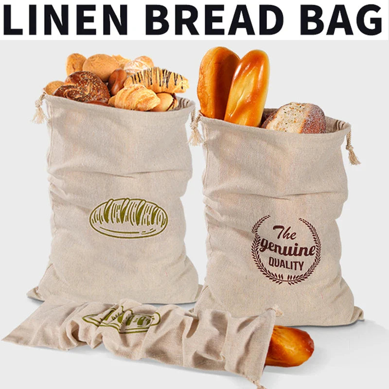 Linen Bread Bags Reusable Portable Drawstring Kitchen Organizer Home Homemade Artisan Bread Storage Bag Washable Food Organizer