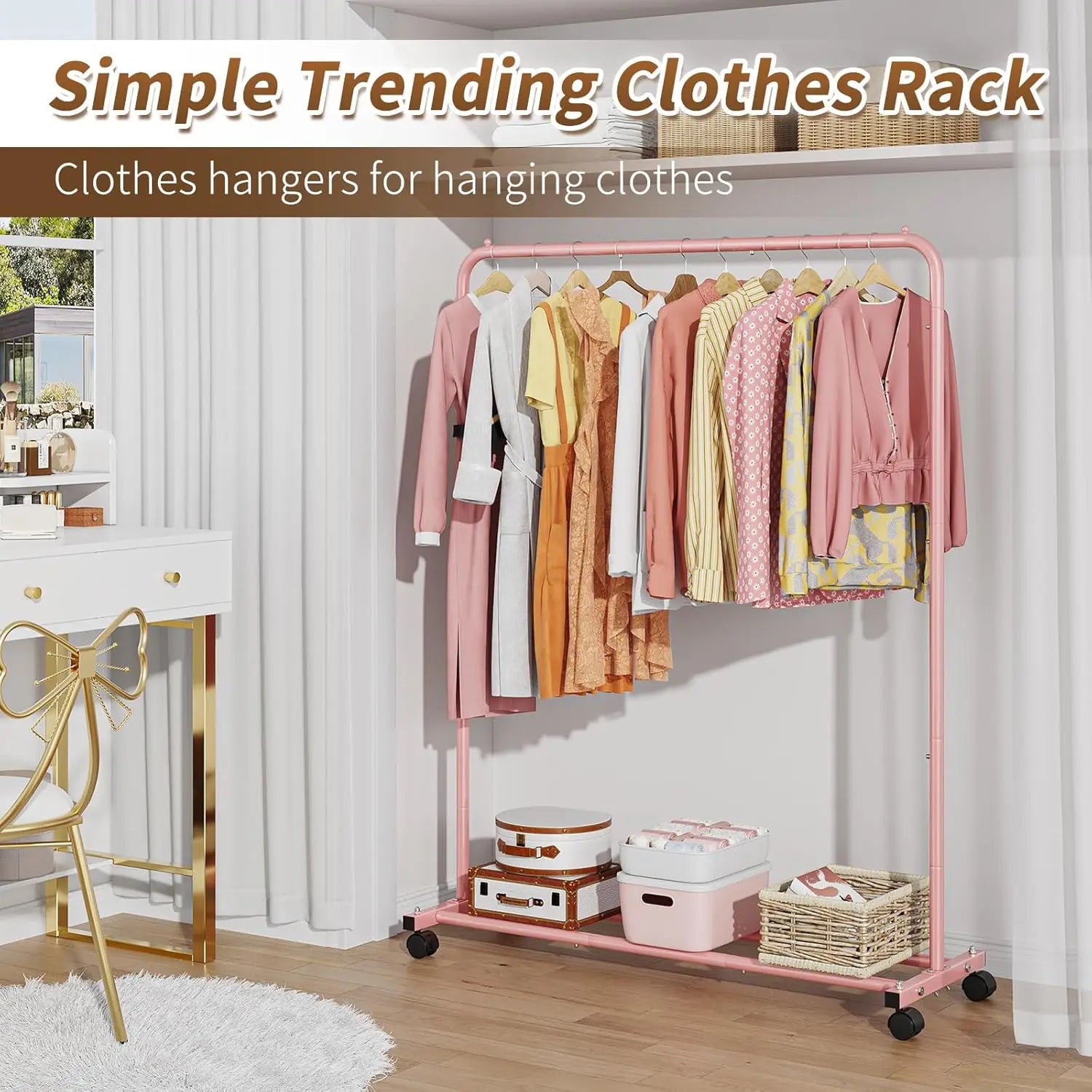 Purple Rolling Clothes Rack with Storage Shelves, 360° Wheels for Easy Mobility and Brake Lock